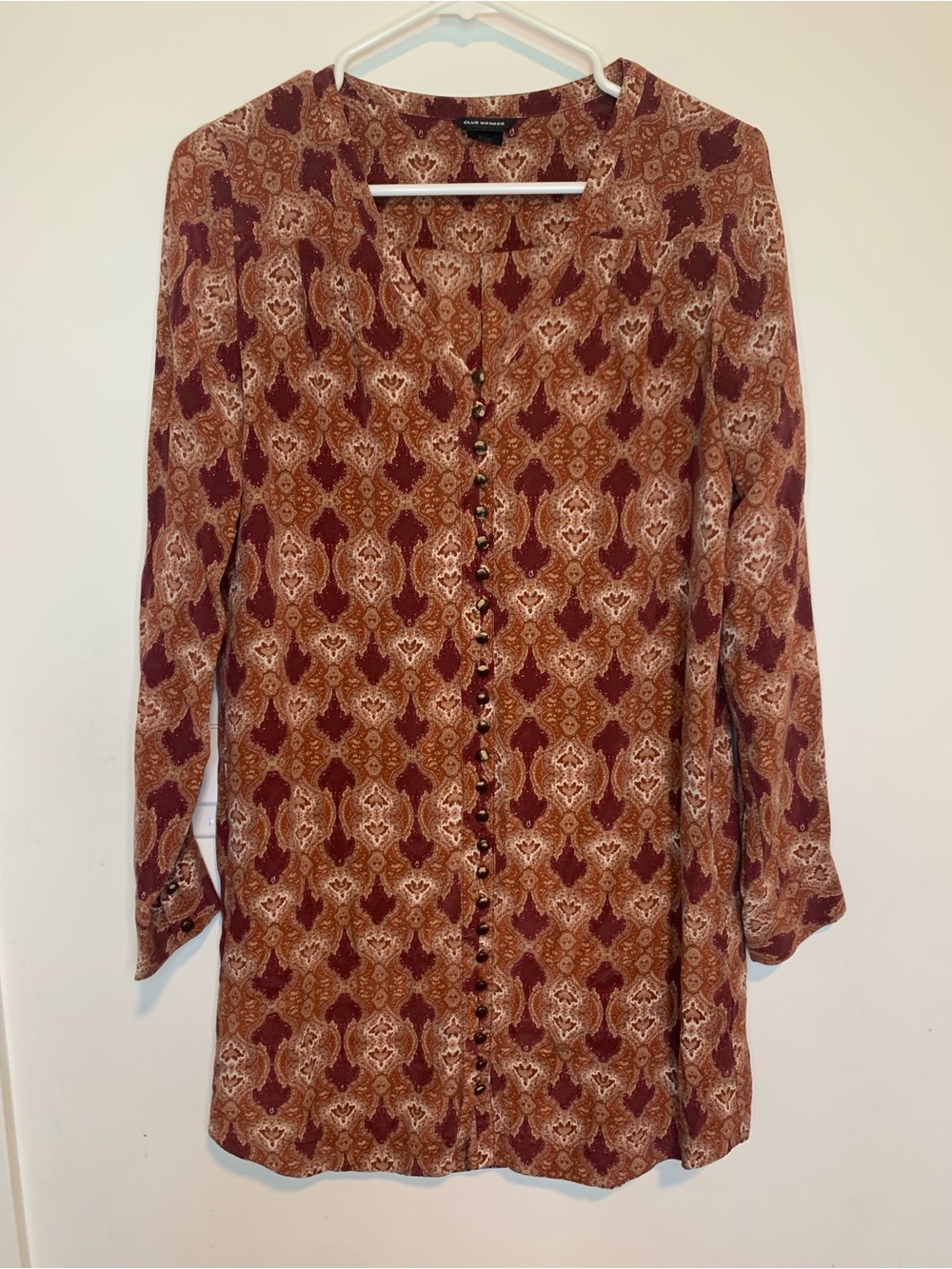 Club Monaco Long Sleeve Silk Tunic Burnt Orange Maroon Paisley Print Size 4